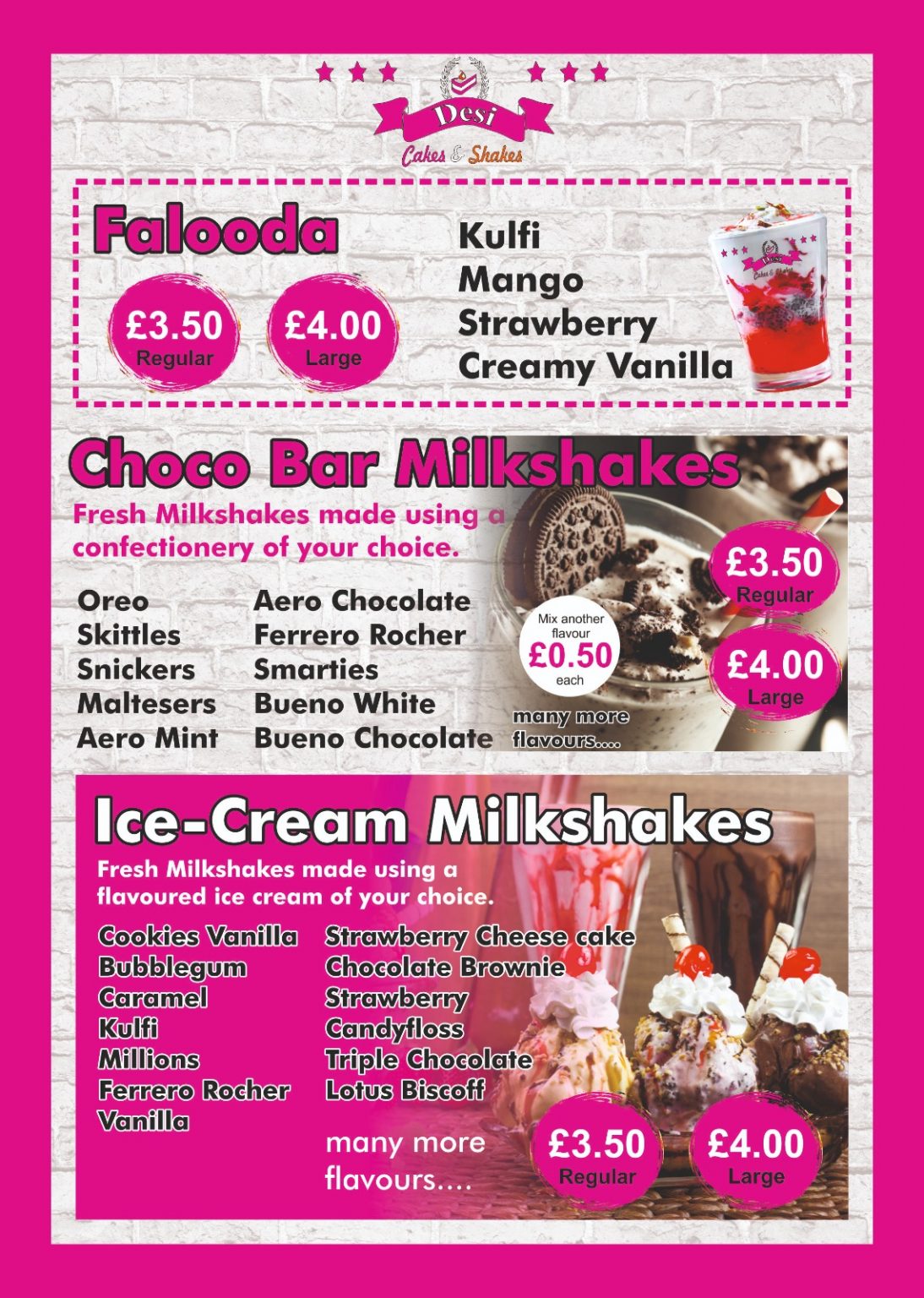 Menu Desi Cakes & Shakes Chadderton